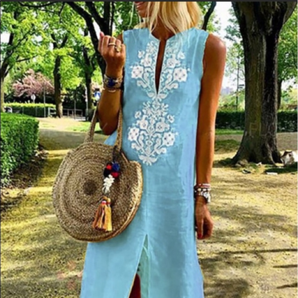 🆕Light Blue Geometric Slit Summer Casual Dress